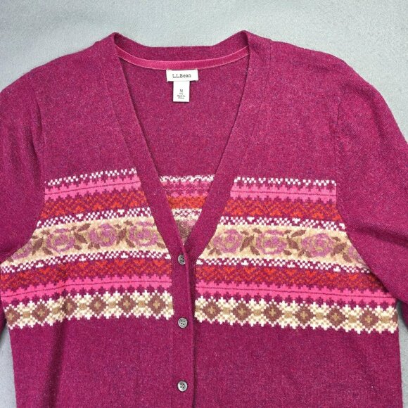 LL Bean Sweater Womens M Red Pink Fair Isle Floral Cardigan Button Front Preppy - Picture 1 of 9